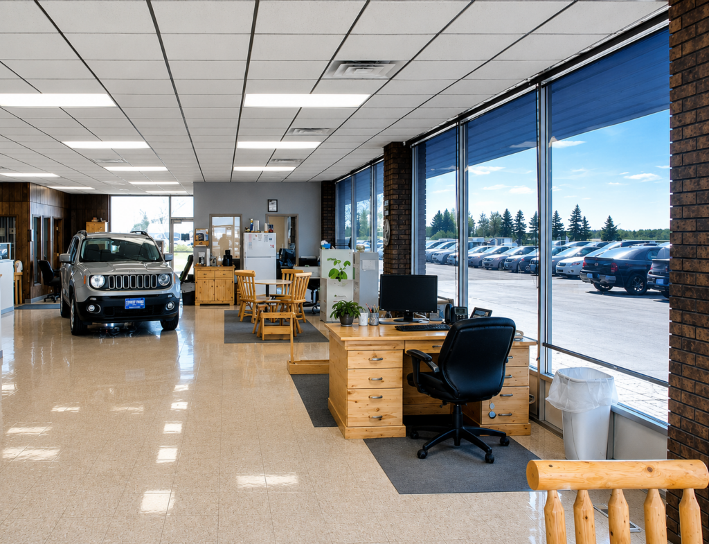 Dakota Chrysler Center showroom with Solar View Mylar Shades that reduce heat and glare while maintaining clear views of the vehicle lot through the large showroom windows.