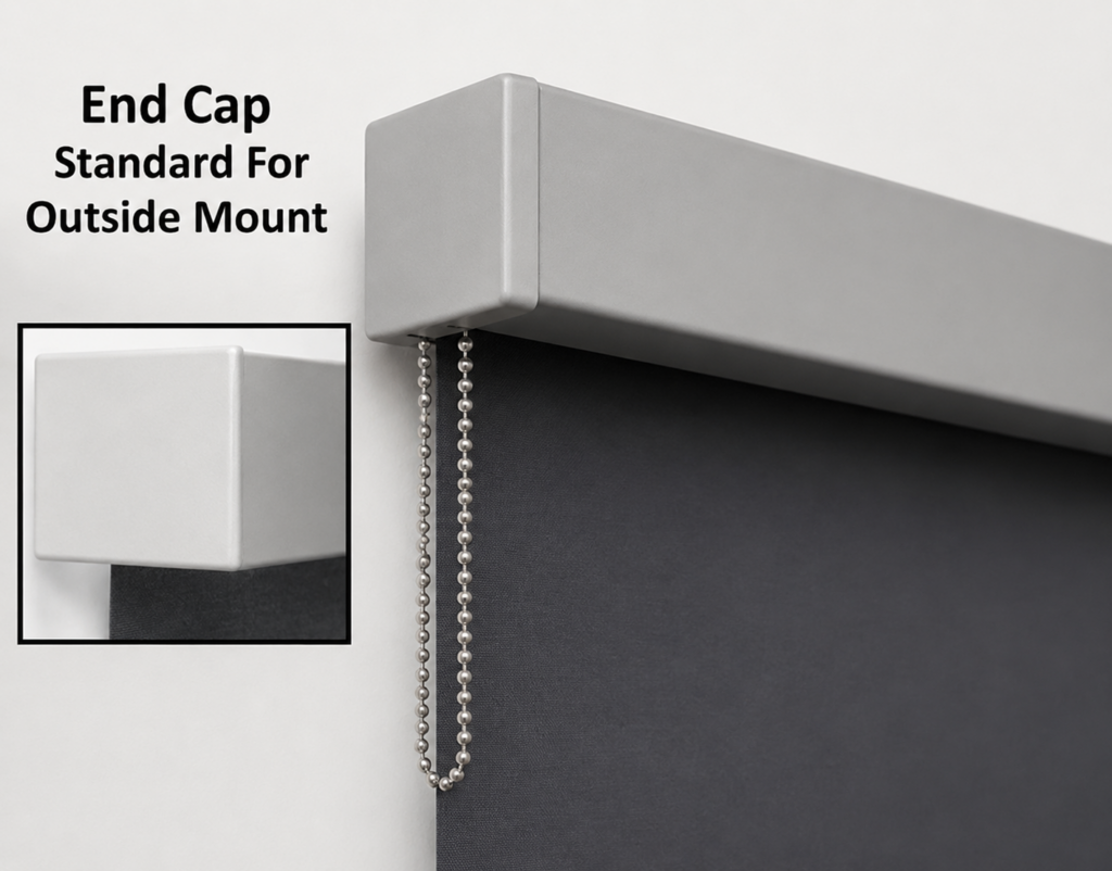 Outside mount roller shade with matching end cap and fascia for a clean, finished appearance.